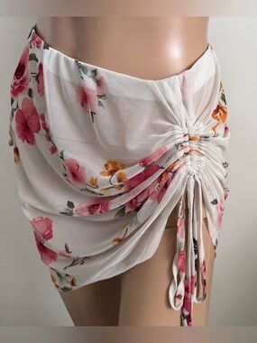 May Pink Women’s Cream Floral Drawstring Swim Cover-Up Skirt Elastic Waist Small